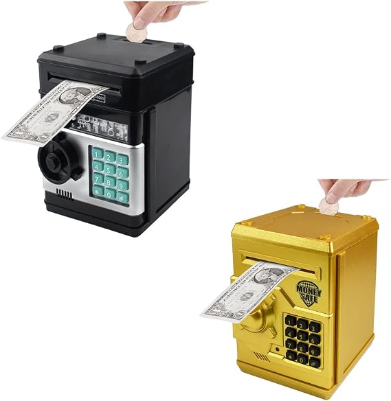 Piggy Bank Electronic Mini ATM for Kids Baby Toy, Safe Coin Banks Money Saving Box Password Code Lock for Children,Boys Girls Best Gift (Black Silver + Green Camo)