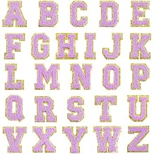 26PCS Chenille Letter Iron On Patches Gold Glitter Border Preppy Varsity Alphabet A-Z Appliques 2.2'' Large Embroidered Initial Patches for Jackets Backpacks Trucker Hats DIY Crafts(Purple)