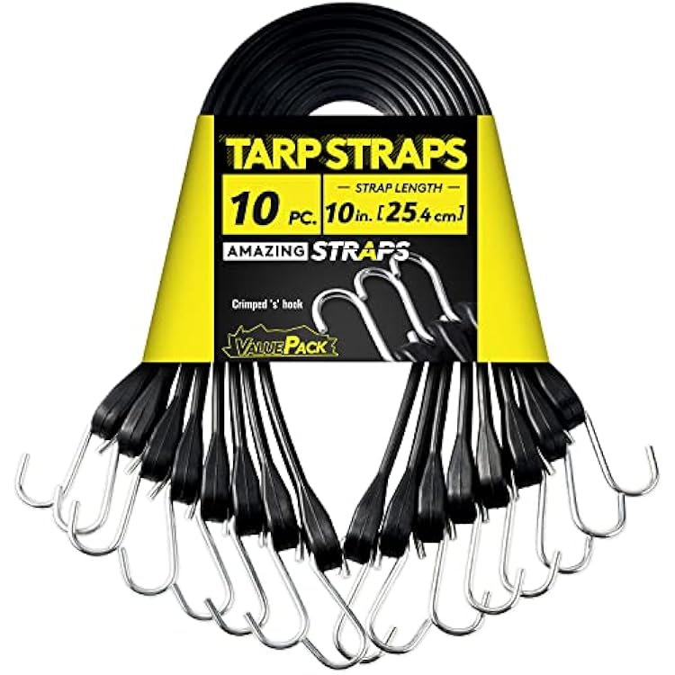 Bungee Cords Heavy Duty Outdoor with 18 Inch Max Stretch and Over 176 lbs Load, Tarp Straps with 100% EPDM Rubber and Crimped S Hooks 10 Pack 10 Inch