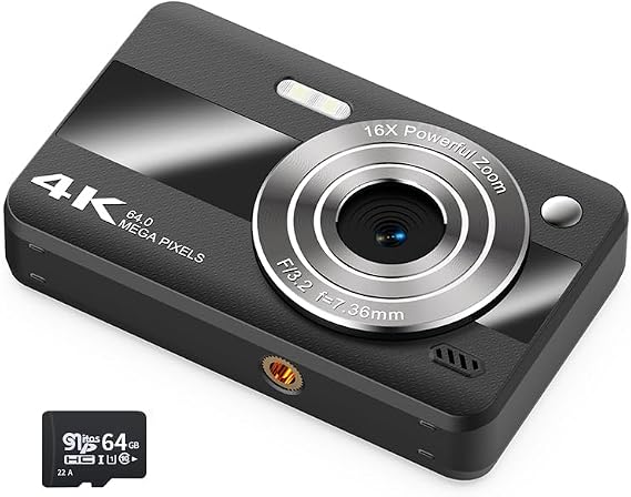 Digital Camera, UHD 4K 64MP Point and Shoot Digital Cameras for Photography with 64GB Card, 16X Optical Zoom, Anti Shake, Portable Compact Vlogging Camera Gift for Teens Adult Beginner Kids (Black)