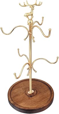 ZWANG Mug Holder, 15 Inch Wooden Base Countertop Mug Tree, Coffee Mugs & Tea Cup Storage Rack, Coffee Counter Bar Accessory & Kitchen Organizer Gold，Reindeer Style