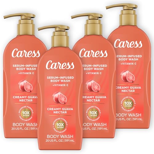 Caress Creamy Guava Nectar Moisturizing Body Wash with Pump, Serum-Infused Formula with Vitamin C, Fruity Citrus Woody Long Lasting Fragrance, Dermatologist Tested, 20 fl oz 4 Pack