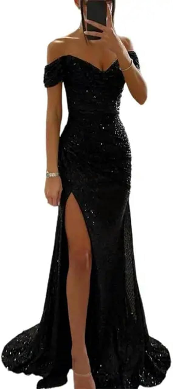 dress Off-shoulder Gown Dress Elegant Sequin V-neck Maxi Dress For Evening Party Prom Off Shoulder Slim Split Long Dress
