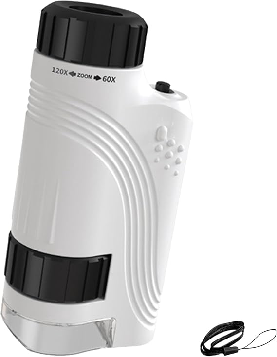Mini Microscope, Durable Portable Handheld Microscope for Kids, 60X 120X Pocket Microscope with Led Light for Outdoor Indoor, Easy to Use (White)