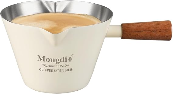 Mongdio Espresso Measuring Cup, Stainless Steel Espresso Shot Cups with Wooden Handle and Double Spouts, 6.8OZ/200ML, White