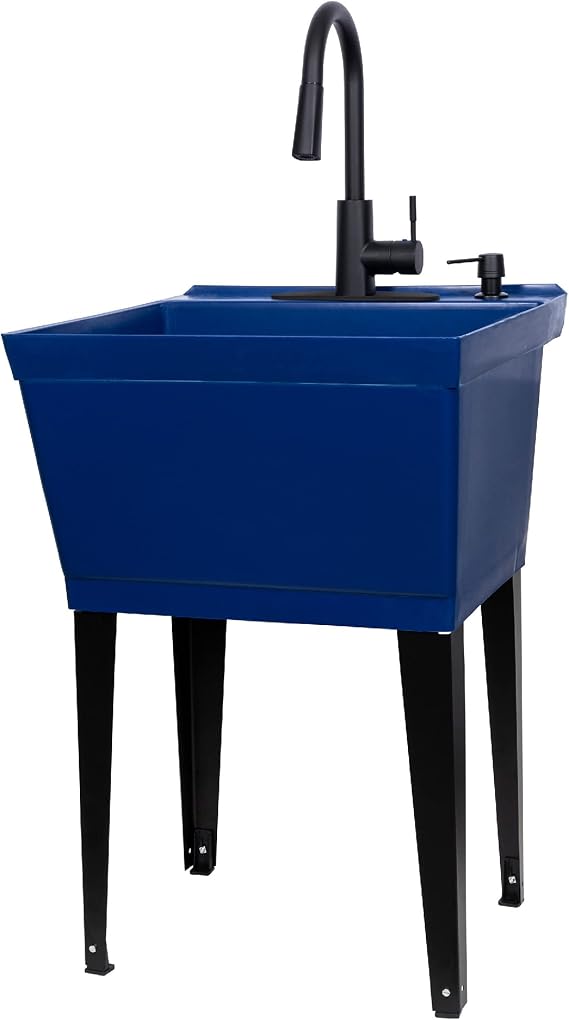 Blue Utility Sink with High Arc Black Faucet by VETTA by JS Jackson Supplies, Pull Down Sprayer Spout, Heavy Duty Slop Sink for Washing Room, Basement, Shop, Free Standing Laundry Tub Deep Plastic