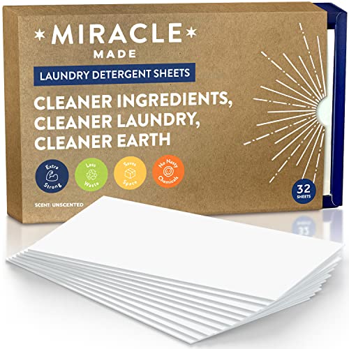 Miracle Made Liquidless Laundry Detergent Sheets Ultra-Concentrated, Space-Saving, Plastic-Free No Dyes, Bleach, or Parabens 32 Strips 64 Loads Unscented