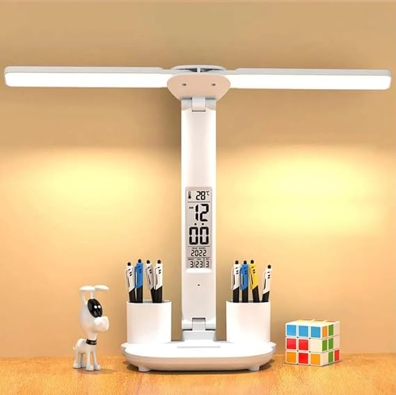Coverzone Katlanabilir LED Masa Lambası Dijital Ekranlı Saat Tarih Sıcaklık Göstergeli USB 5V 1A 7W Dokunmatik Kontrollü Ayarlanabilir 180° Işık Açılı 2 Kalemlikli Masaüstü Aydınlatma | KA-71 [Enerji Sınıfı A]