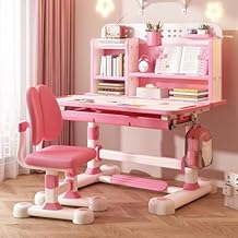 Kids Study Desk Chair Set for 3-18 Years Old, Height Adjustable Children School Study Table Chair Set with Sitting Corrector, Ergonomic Desk Chairs with Book Stand, Foot Pedal Pink