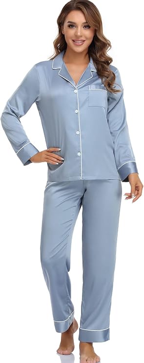Serenedelicacy Women's Satin Pajama Set Long Sleeve Button Down Sleepwear 2-Piece Silky Pj Set