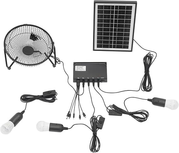 Solar Generator with Fan & Light, Portable Solar Panel Kit for Outdoor Camping, Emergency, Greenhouse, Shed, Includes 3 Bulbs & 4000mAh Battery