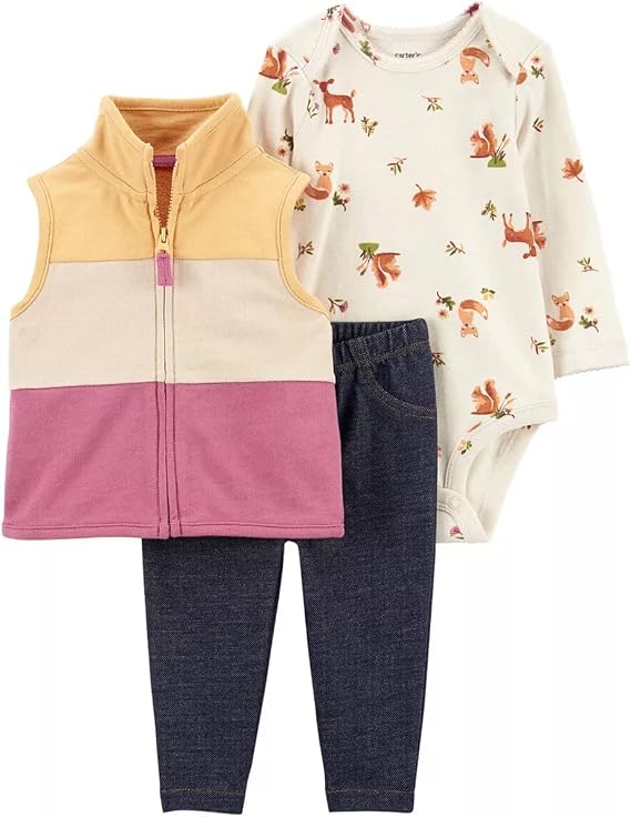 Carter's Baby Girls' 3 Piece Vest Little Jacket Set (Colorblock Woodland, 12 Months)