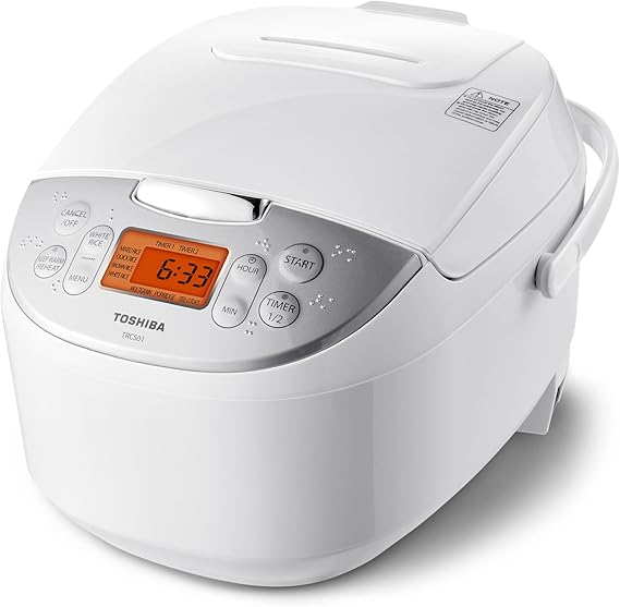 Toshiba Rice Cooker 6 Cup Uncooked Japanese Rice Cooker with Fuzzy Logic Technology, 7 Cooking Functions, Digital Display, 2 Delay Timers and Auto Keep Warm, Non-Stick Inner Pot, White