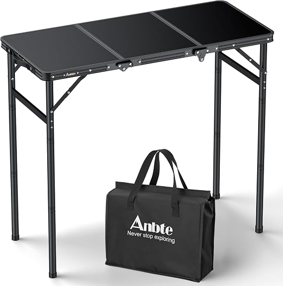 Anbte 3ft Tri-fold Camping Table Max 74cm, 3 Adjustable Heights Sturdy Aluminum Folding Camping Table with Storage Bag, Lightweight Portable Handle for Travel Outdoor Beach Picnic, 90cm x 40cm, Black