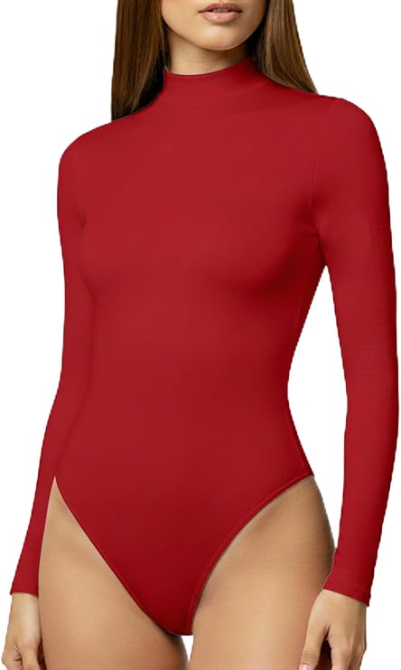 YOGINGO Women's Long Sleeve Mock Turtle Neck Bodysuit, Fitted Stretch Body Suit Top for Going Out Layering
