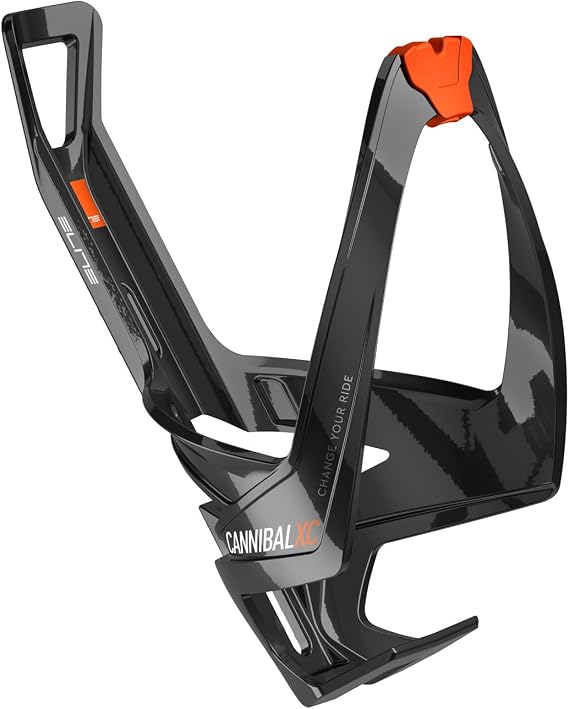 Elite Cannibal XC Bio-Based Bottle Cage, Black Glossy, Orange Graphic Lightweight and Secure for All Terrains