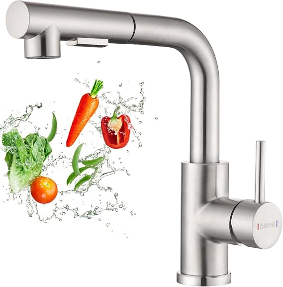 Dayone Kitchen Tap with Pull-Out Spray Stainless Steel Kitchen Bar Taps Kitchen Mixer Tap with Two Spray Functions and Pull-Out Spray 360° Swivel Single Lever Kitchen Tap