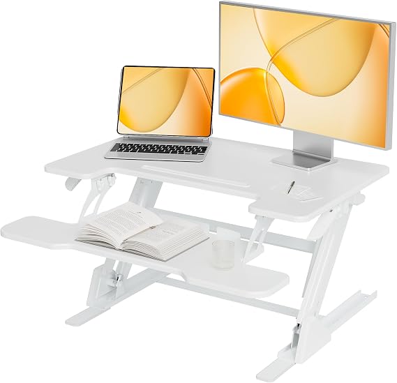 Claiks Standing Desk Converter 32 inch, Height Adjustable Sit Stand Up Desk Riser, Quick Sit to Stand Tabletop Dual Monitor Riser Workstation for Home Office with Keyboard Tray, White | 5.9-17.3 inch height range, 33 lbs desktop capacity, ergonomic Z-lift structure, relieves wrist pain