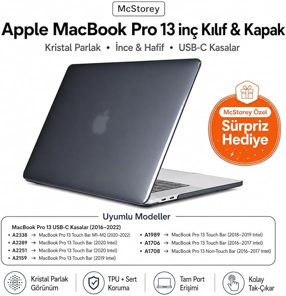 McStorey MacBook Pro 13 Kılıf A1706 A1708 A1989 A2159 A2251 A2289 A2338 M1 M2 Uyumlu Kristal Parlak Sert Hard Case İnce Hafif Koruyucu Kapak