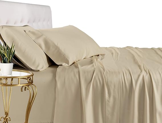 Royal Tradition Viscose from Bamboo Bed Sheets, Twin Extra Long XL, Solid Beige, Super Soft and Cool 3PC Sheet Set
