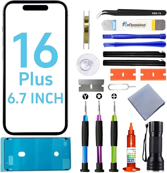 for iPhone 16 PIus Screen Replacement, Glass Replacement for iPhone 16 PIus 6.7 inch, Screen Repair Kit with Waterproof Adhesive(NO OLED & Touch Digitizer)