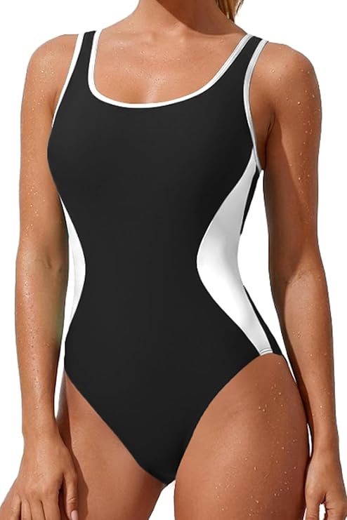 Aqua Eve Womens Athletic One Piece Swimsuits - Sport Color Block Scoop Neck Bathing Suit High Cut Swimwear 2026