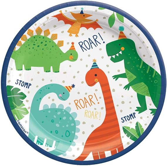 Dino-Mite Round Plates, 7" (8 Pcs.) - Multicolored Party Tableware for Kids Birthdays & Dinosaur-Themed Celebrations
