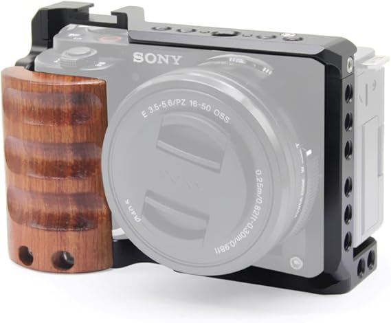 ZV-E10 Camera Cage with Wooden Handle -Clod Shoe and Locating Threaded Holes for Sony ZV-E10 Video Camera-A004
