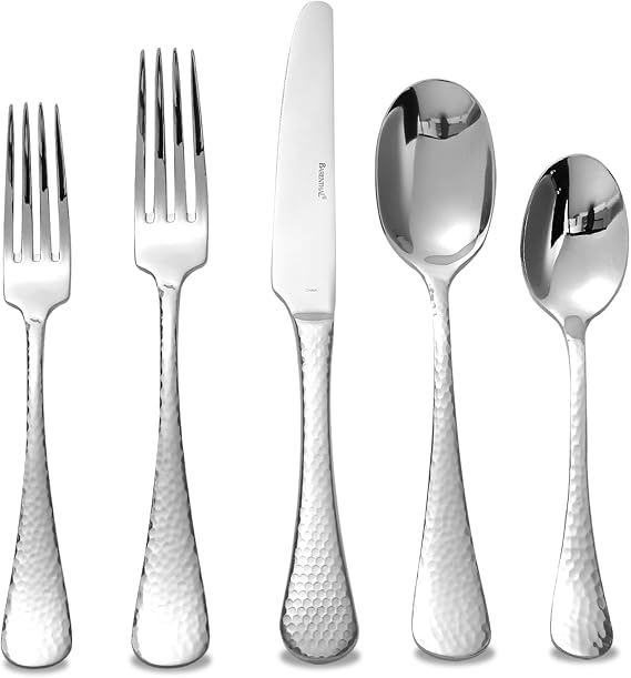 Hammered Silverware Set - 5 Piece Heavy Duty 18/10 Stainless Steel Flatware Set, Tableware Cutlery Utensil Sets for Home Restaurant Wedding Party Gift, Mirror Finish, Dishwasher Safe