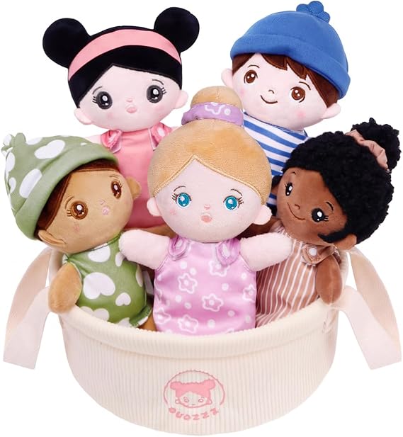 OUOZZZ Soft Baby Dolls, Set of 5 Multicultural 7.5" Plush Dolls in Basket