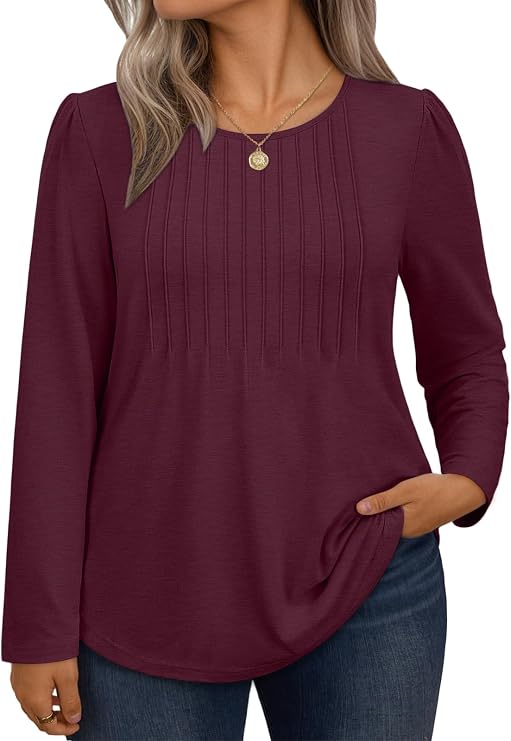 WYNNQUE Women's Plus Size Tops Long Sleeve Shirts Fall Outfits 2025 Trendy Pleated Blouses Dressy Casual Tops Clothes