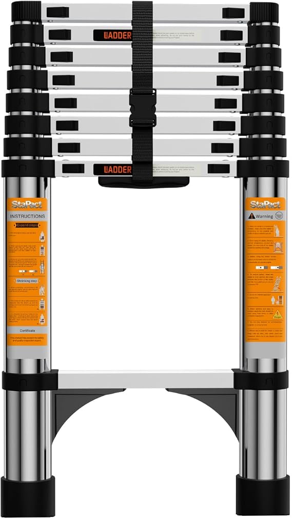 Telescoping Ladder, Stainless Steel Extension Ladder with 2 Triangle Stabilizers, Heavy Duty 330 lb Capacity Telescopic Ladder for Home, Roof, RV (6.5FT/2.0M)