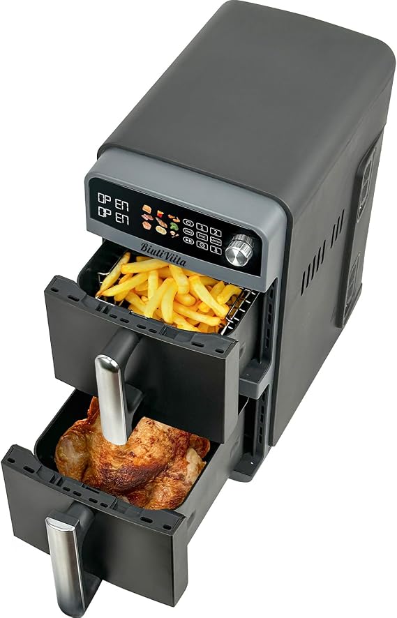 BiutiViita 10L Double Stack Air Fryer with Dual Basket & 2 Drawers – 2400W Dual Air Fryer for Even Heating with 4 cooking levels | 9-in-1 Modes, Sync&Match, Shake Reminder，Large for Family Capacity