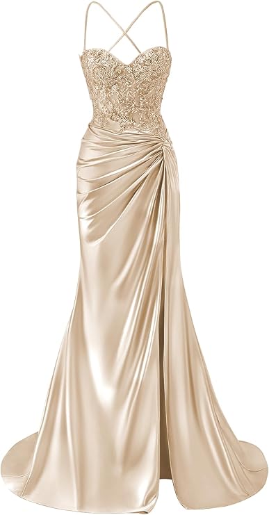 Women's Spaghetti Straps Satin Prom Dresses with Slit Lace Ruched Long Ball Gown Corset Formal Evening Dress