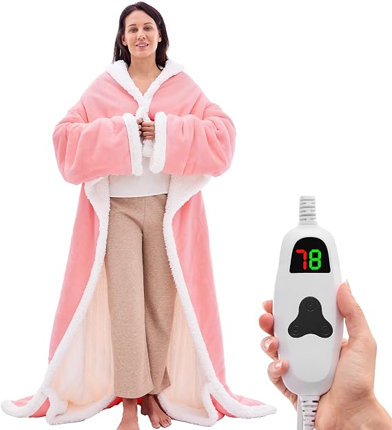 Heated Throw Blanket Electric Snuggle - Heated Robe with Foot Pocket for Adult, Winter Gifts for Mom Women 5-Position Timer 10-Heating Levels,50 * 70",Pale Pink
