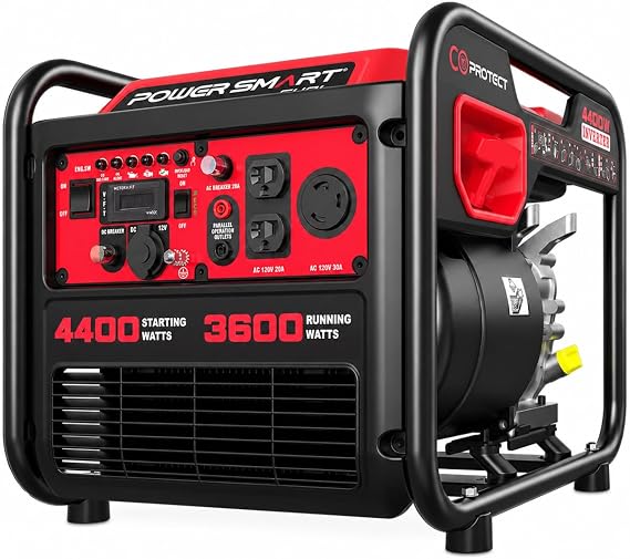 PowerSmart 4400W Open Frame Inverter Generator, Gas Powered, CO-Sensor, Lightweight & Quiet for Home Use and Emergency Backup, Camping, EPA Compliant