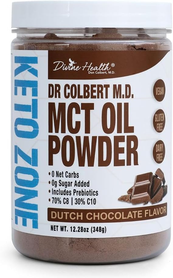 Dr. Colbert's MCT Oil Powder | Dutch Chocolate Flavor | by Divine Health | Keto Zone | 70% C8 | 30% C10 | 0 Net Carbs | Gluten Free | 30 Day Supply | 348g