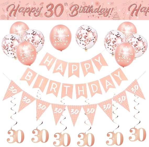 Happy 30th Birthday Decorations Banners Balloon for Women Rose Gold Pink