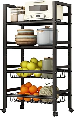 4-Tier Metal Rolling Cart with Removable Grid Shelves, Lockable Wheels & Handle for Kitchen, Bathroom, Office Storage, Black Medium