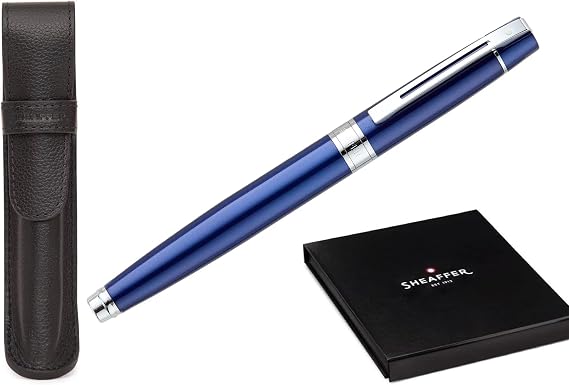 Sheaffer 300 Glossy Blue Pen with Chrome-Plated Trim and Matching Pouch gift Set (Fountain, Medium nib)