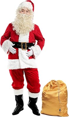 Surblue Deluxe Santa Suit for men Christmas Adult Santa Claus Unisex Costume Set Velvet Plush 10 PCS