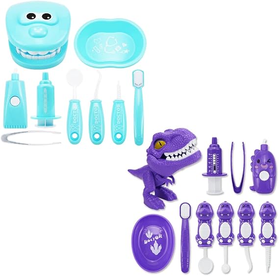 Bundle 19PCS = 9PCS Plastic Simulation Dentist Play Set (Blue) + 10PCS Plastic Dinosaur Simulation Dentist Play Set (Purple)