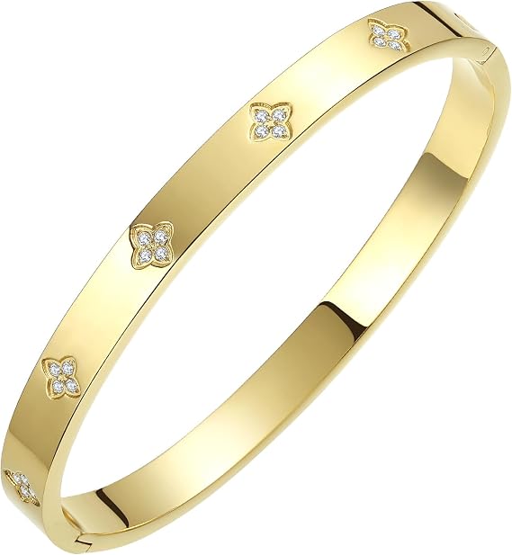 BOLAGTIER Gold Bangle Bracelets for Women Four Leaf Clover Lucky Love Cubic Zirconia Bracelet