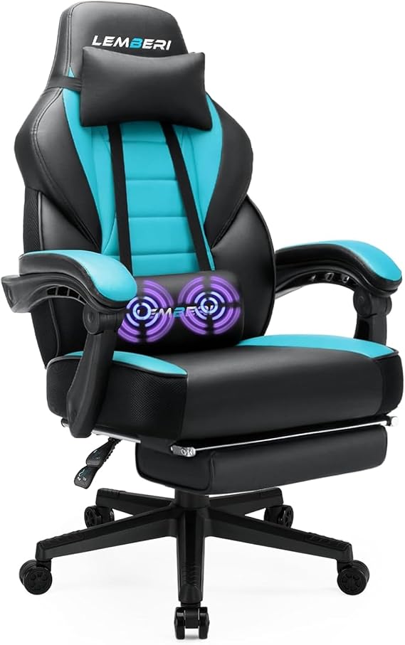 LEMBERI Big and Tall Gaming Chair 400lb Capacity, Heavy-Duty Office Chair with Reinforced Footrest, Wide Seat High Back PC Desk Chair with Linkage Armrests, Thickened Steel Frame, PU Leather, Blue