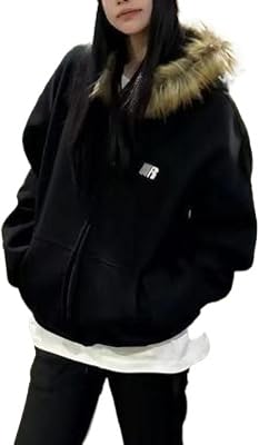 GGOOB Grunge Fur Hood Zip Up Hoodie Women Teen Girls Y2k Emo Goth 2000s Sweatshirts Cute Fall Winter Crop Coats