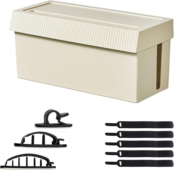 Large Cable Management Box (32 x 14.5 x 15 cm), Thick Plastic Cable Tidy Box with 3-Side Openings & 5 Straps + 3 Clamps, Spacious Cord Organizer for Double Power Strips, Home Office Desk (Cream)