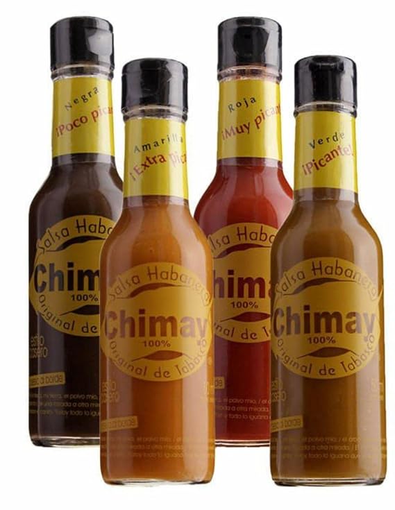 Chimay Chile Habanero Hot Sauce, Red Habanero Hot, Yellow Extra Hot, Black Label Reserve almost not Souce, and Green Habanero little hot, 5 Ounce EA (4 Pack) - Packed in a Box