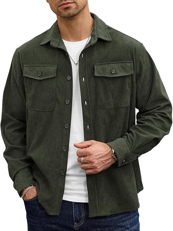 Men's Corduroy Button Down Shirts Long Sleeve Casual Shacket Jacket Western Corduroy Shirt Jacket with Flap Pockets