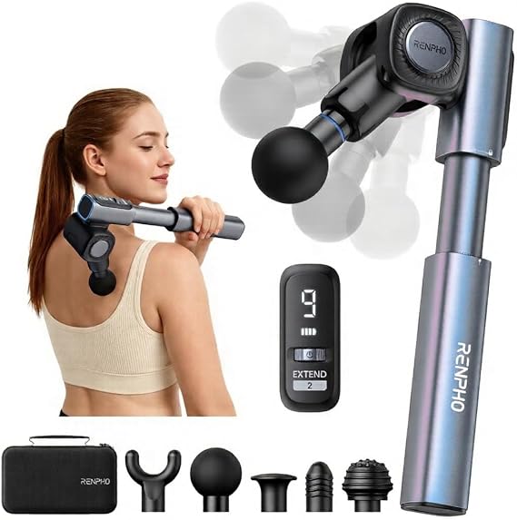 RENPHO Foldable 2-in-1 Massage Gun with Extendable Handle, 0-90 Angle | 9mm Deep Tissue Relief for Hard-to-Reach Spots, Handheld Percussion for Back, FSA Eligible HSA, Gift for Men & Women