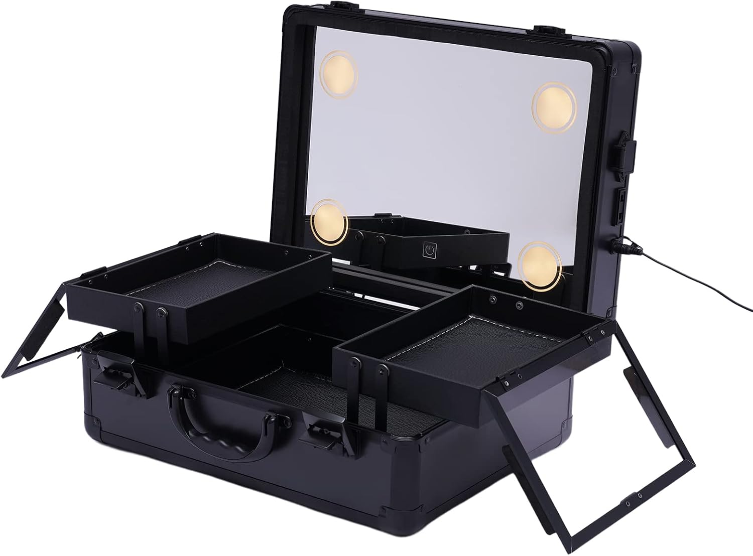 Vanity Case Adjustable Dressing Table Makeup Case Cosmetic Train Table Lights Pro Makeup Station Vanity Case with Individual Compartments black Modern